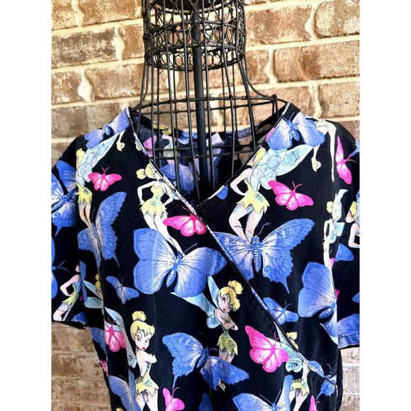 Disney Tinkerbell Scrub Top Medium  Blue Butterflies RN Nurse Vet Tech C… - Picture 4 of 12